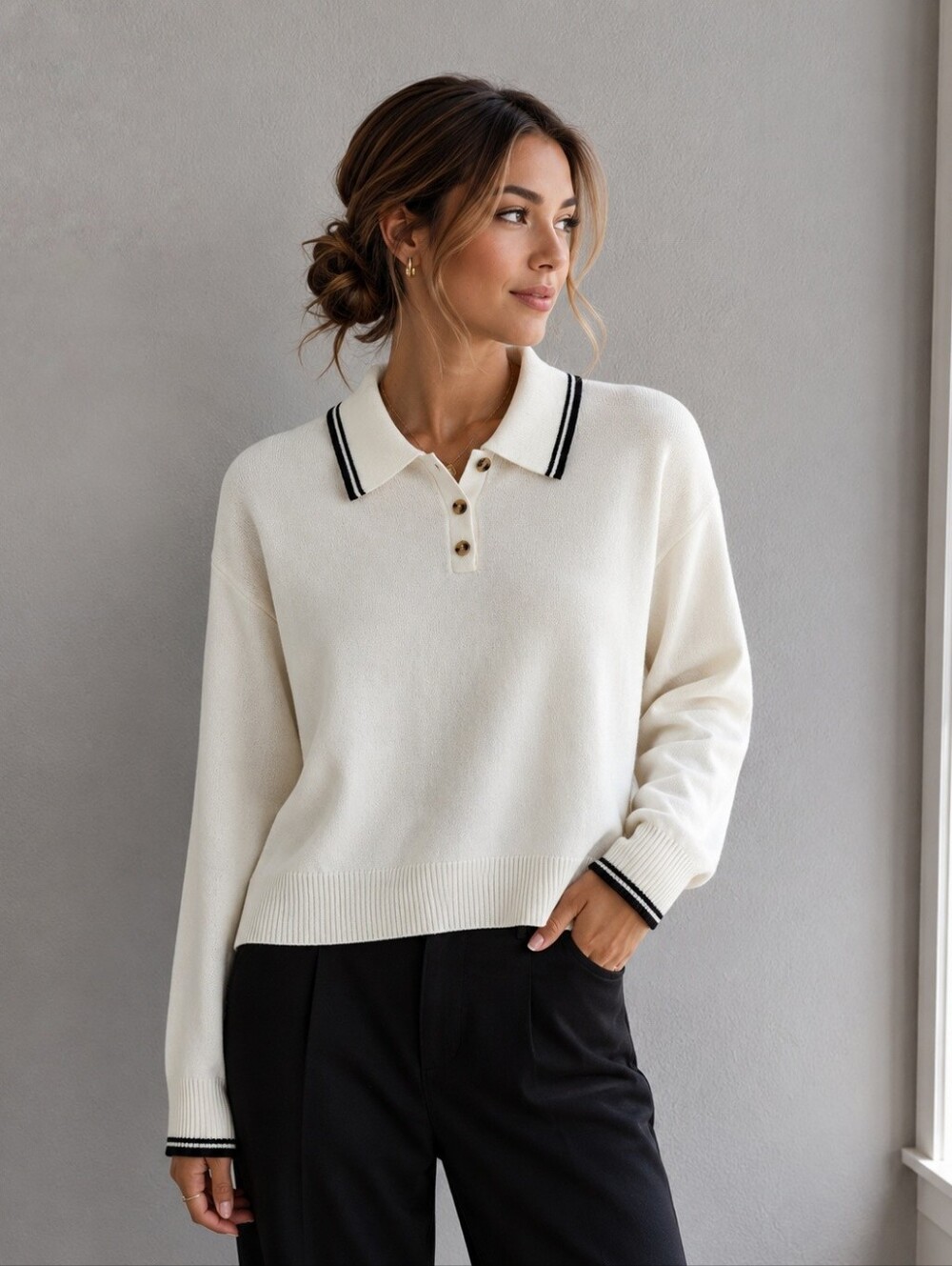 Joe Fresh White Polo Knit Top with Black Edging